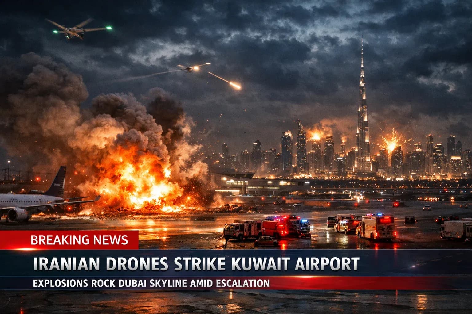 War Escalates: Iranian Drones Strike Kuwait Airport, Loud Blasts Reported in Dubai